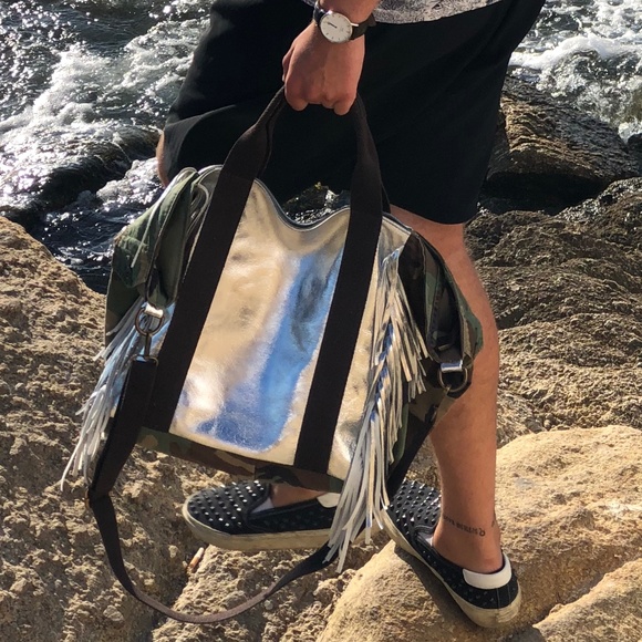 Silver Fringed Leather with Camo Fabric Hybrid Bag - Picture 5 of 16
